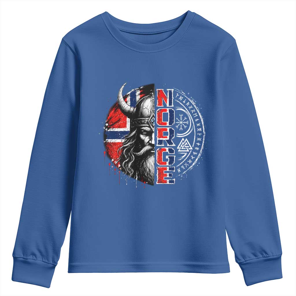 Fierce Norge Viking Warrior with Horned Helmet Graphic Youth Sweatshirt Norway Pride Distressed Norwegian Flag and Runes