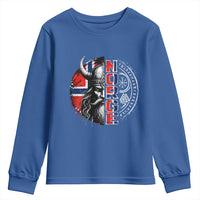 Fierce Norge Viking Warrior with Horned Helmet Graphic Youth Sweatshirt Norway Pride Distressed Norwegian Flag and Runes