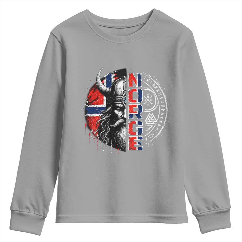 Fierce Norge Viking Warrior with Horned Helmet Graphic Youth Sweatshirt Norway Pride Distressed Norwegian Flag and Runes