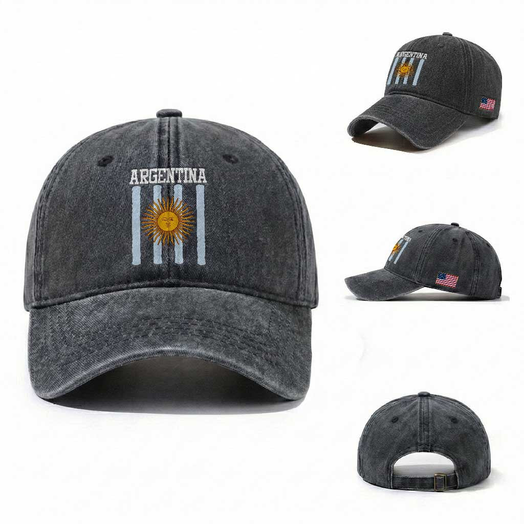 Argentina Sun of May Flag Retro Graphic Washed Cotton Baseball Cap Patriotic Argentine Heritage Pride Souvenir