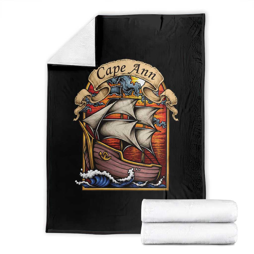 Cape Ann Vintage Nautical Sailing Ship Graphic Throw Blanket Retro Stained Glass Window Style Ocean Sunset Tall Ship