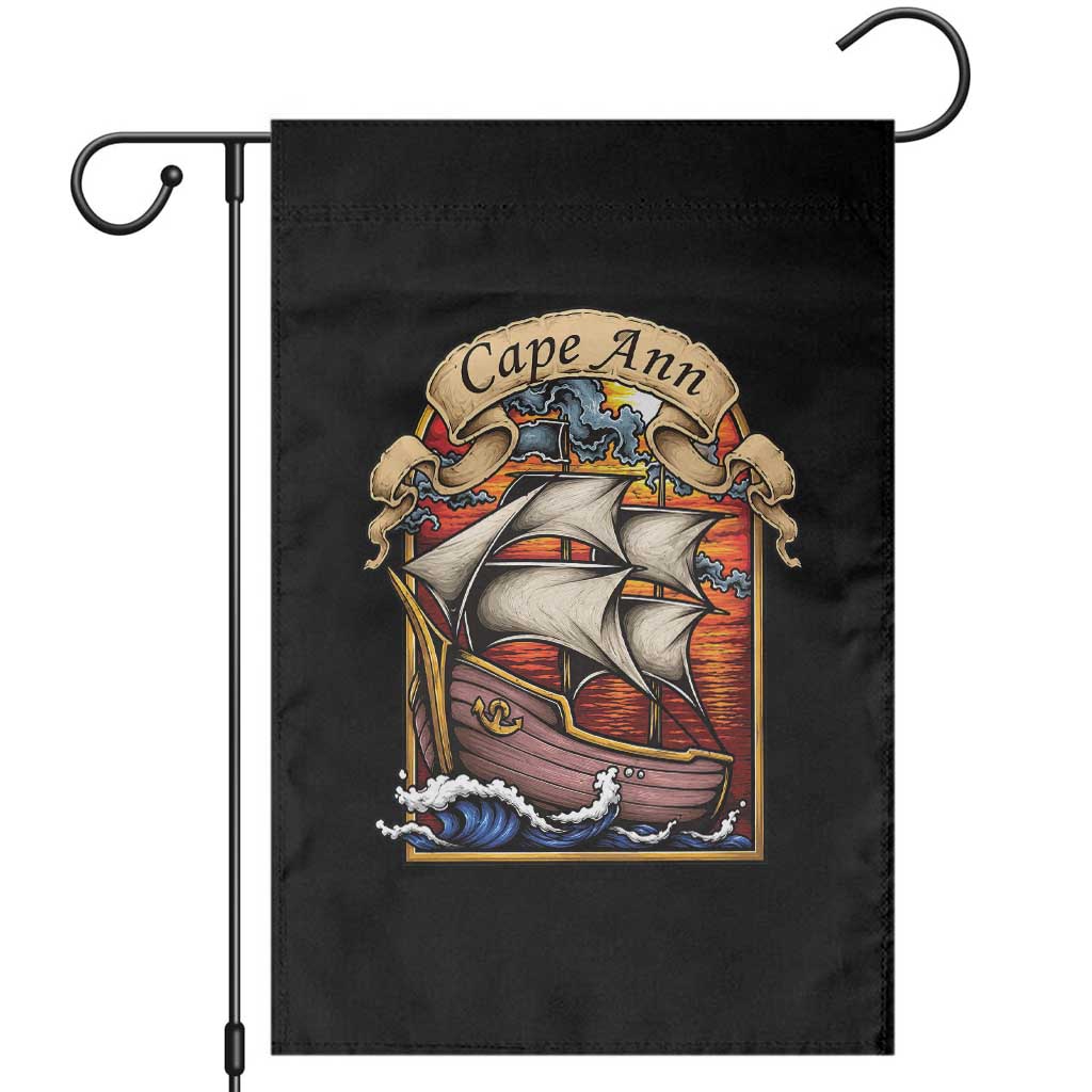 Cape Ann Vintage Nautical Sailing Ship Graphic Garden Flag Retro Stained Glass Window Style Ocean Sunset Tall Ship