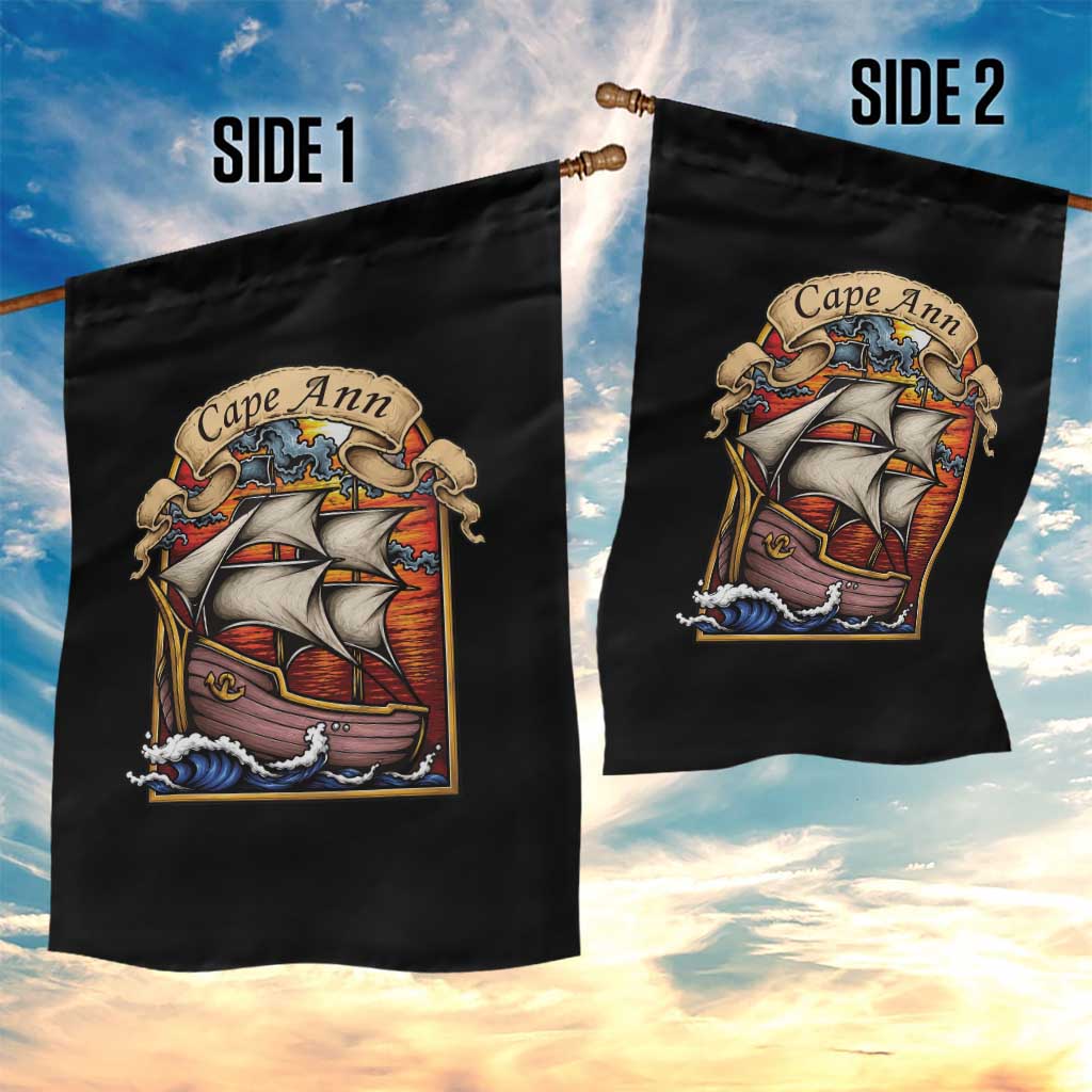 Cape Ann Vintage Nautical Sailing Ship Graphic Garden Flag Retro Stained Glass Window Style Ocean Sunset Tall Ship
