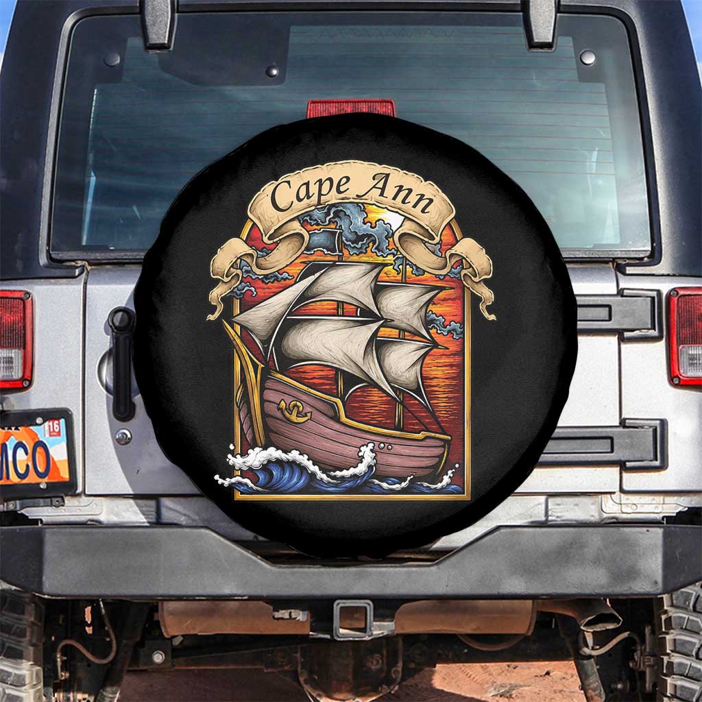 Cape Ann Vintage Nautical Sailing Ship Graphic Spare Tire Cover Retro Stained Glass Window Style Ocean Sunset Tall Ship