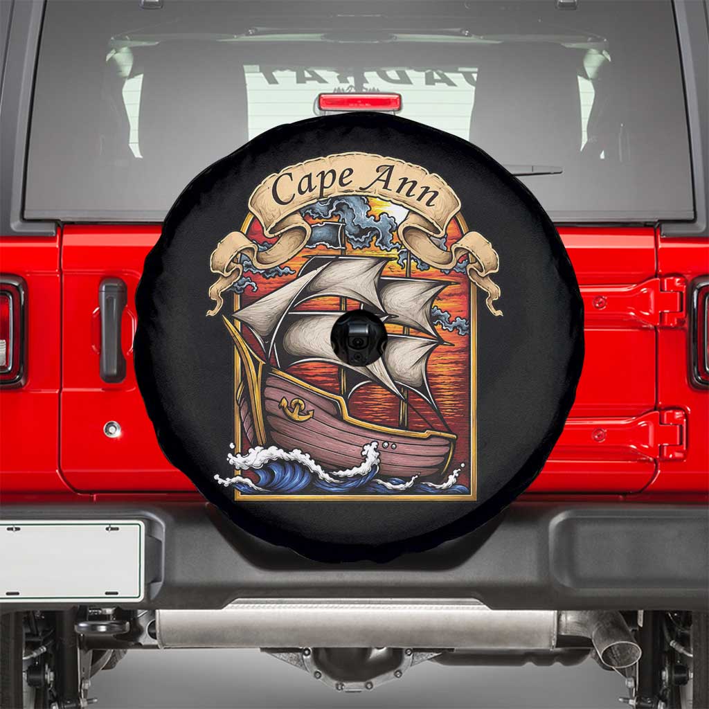 Cape Ann Vintage Nautical Sailing Ship Graphic Spare Tire Cover Retro Stained Glass Window Style Ocean Sunset Tall Ship