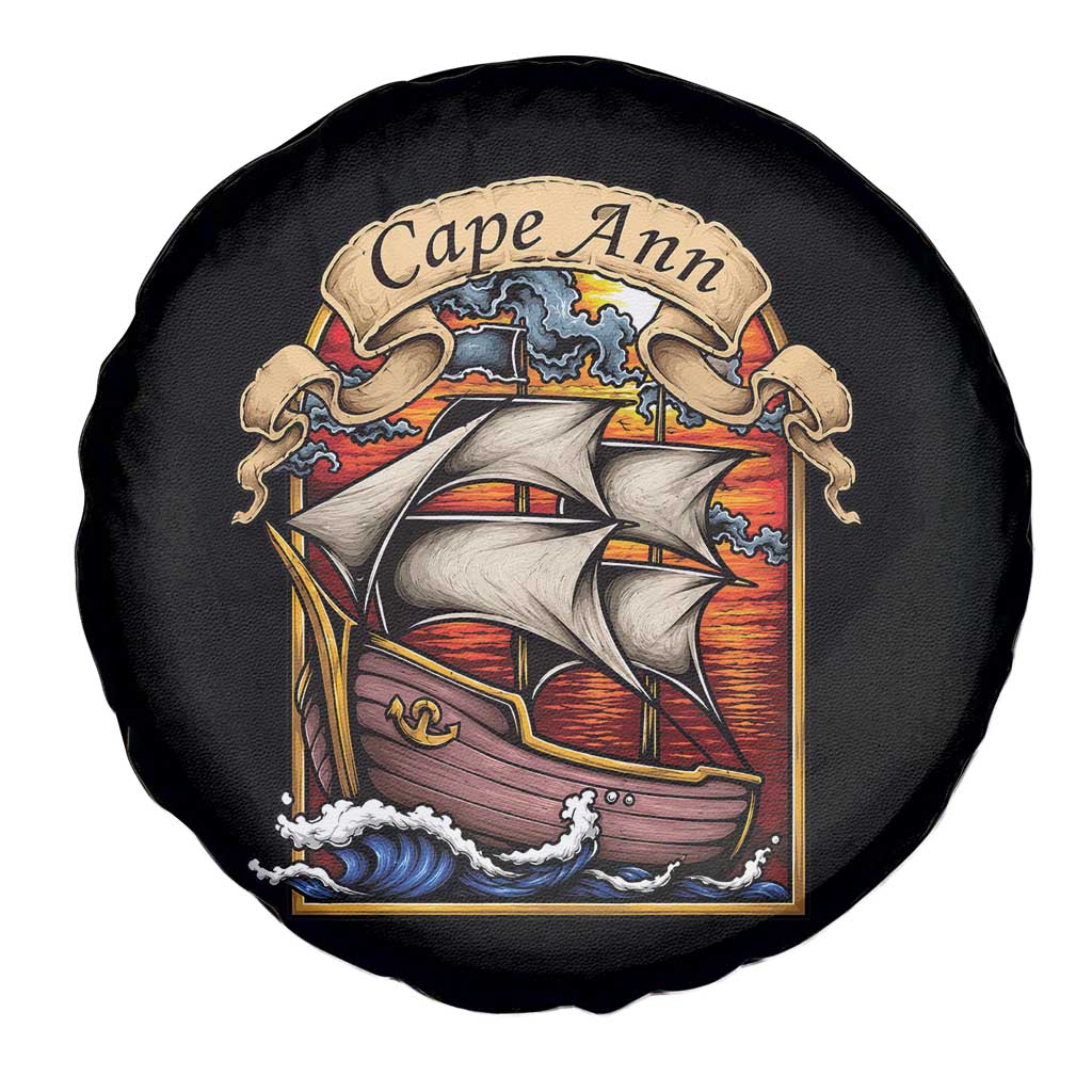 Cape Ann Vintage Nautical Sailing Ship Graphic Spare Tire Cover Retro Stained Glass Window Style Ocean Sunset Tall Ship