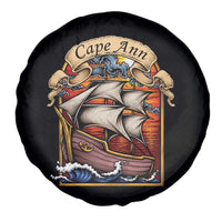 Cape Ann Vintage Nautical Sailing Ship Graphic Spare Tire Cover Retro Stained Glass Window Style Ocean Sunset Tall Ship
