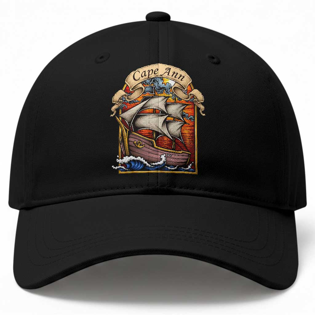 Cape Ann Vintage Nautical Sailing Ship Graphic Baseball Cap Retro Stained Glass Window Style Ocean Sunset Tall Ship