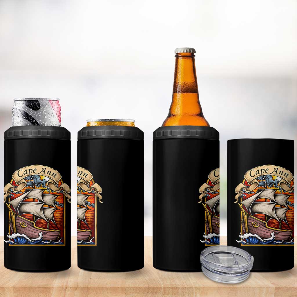 Cape Ann Vintage Nautical Sailing Ship Graphic 4 in 1 Can Cooler Tumbler Retro Stained Glass Window Style Ocean Sunset Tall Ship