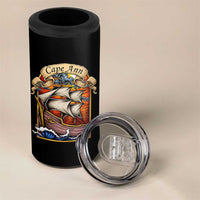 Cape Ann Vintage Nautical Sailing Ship Graphic 4 in 1 Can Cooler Tumbler Retro Stained Glass Window Style Ocean Sunset Tall Ship