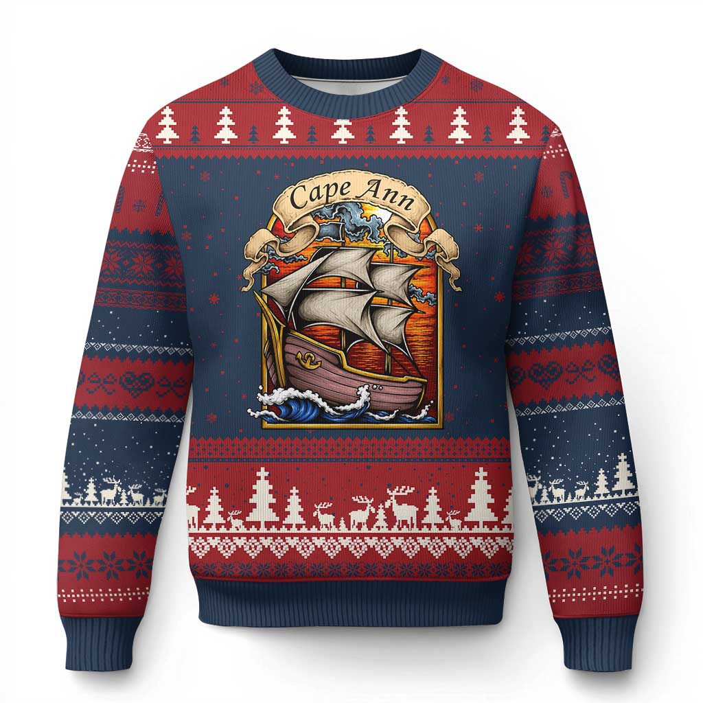 Cape Ann Vintage Nautical Sailing Ship Graphic Ugly Christmas Sweater Retro Stained Glass Window Style Ocean Sunset Tall Ship
