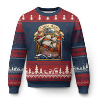 Cape Ann Vintage Nautical Sailing Ship Graphic Ugly Christmas Sweater Retro Stained Glass Window Style Ocean Sunset Tall Ship