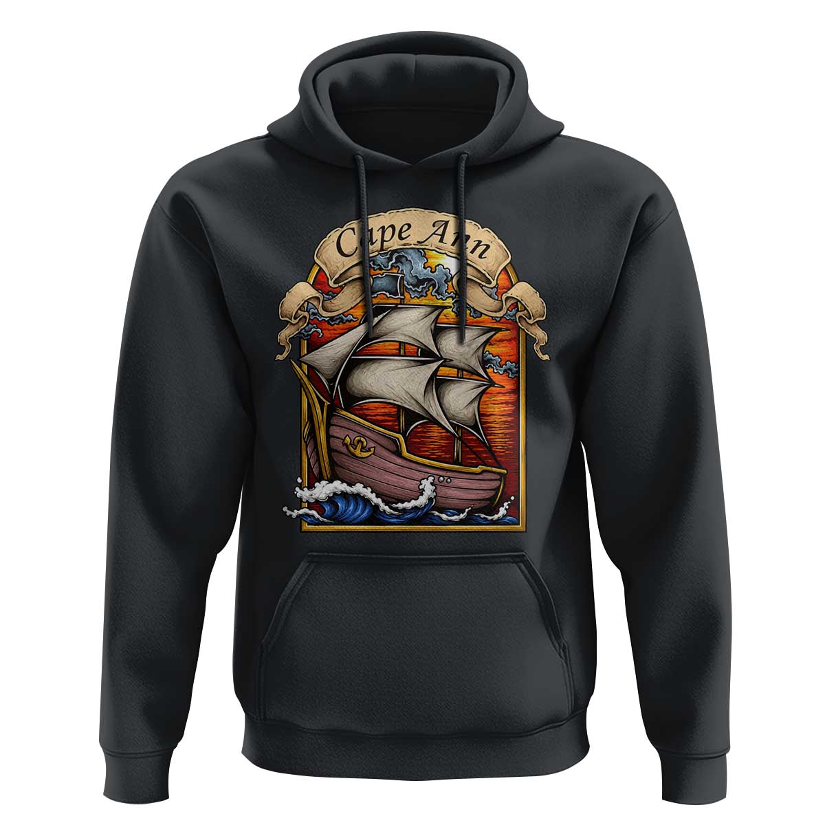 Cape Ann Vintage Nautical Sailing Ship Graphic Hoodie Retro Stained Glass Window Style Ocean Sunset Tall Ship