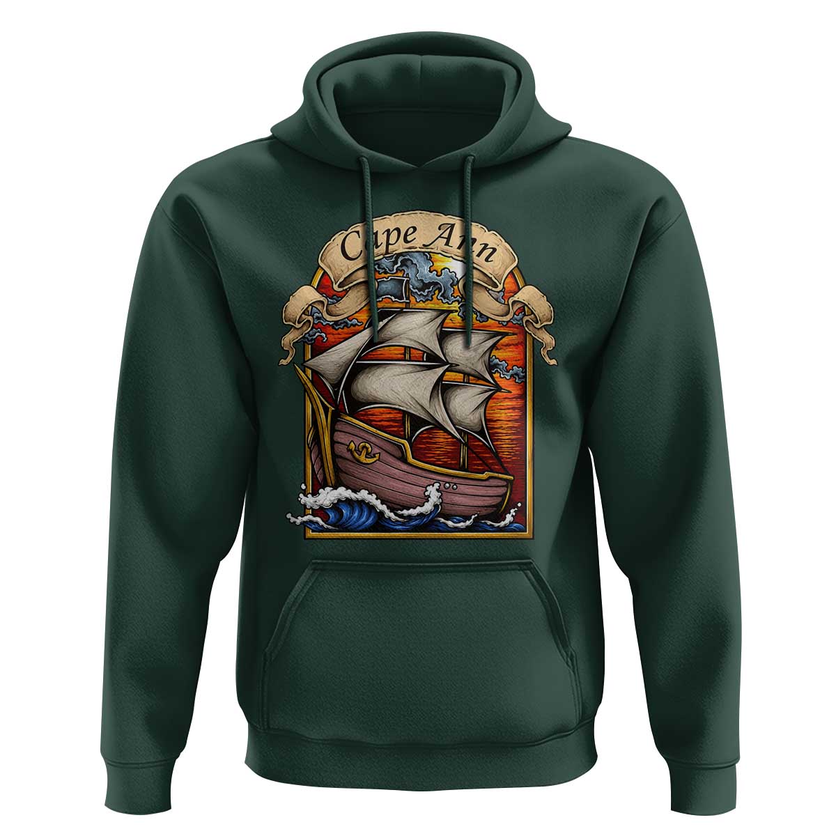 Cape Ann Vintage Nautical Sailing Ship Graphic Hoodie Retro Stained Glass Window Style Ocean Sunset Tall Ship
