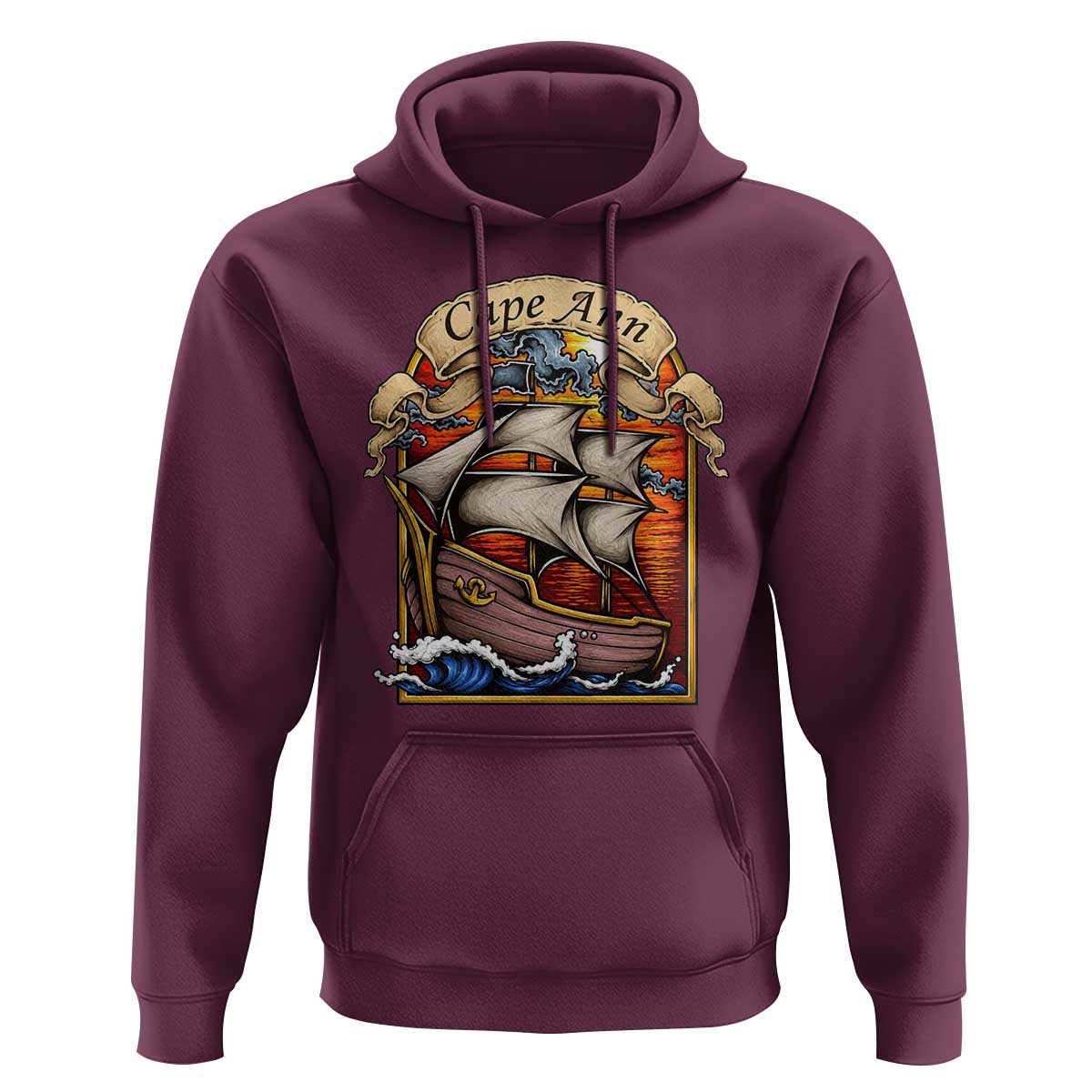 Cape Ann Vintage Nautical Sailing Ship Graphic Hoodie Retro Stained Glass Window Style Ocean Sunset Tall Ship
