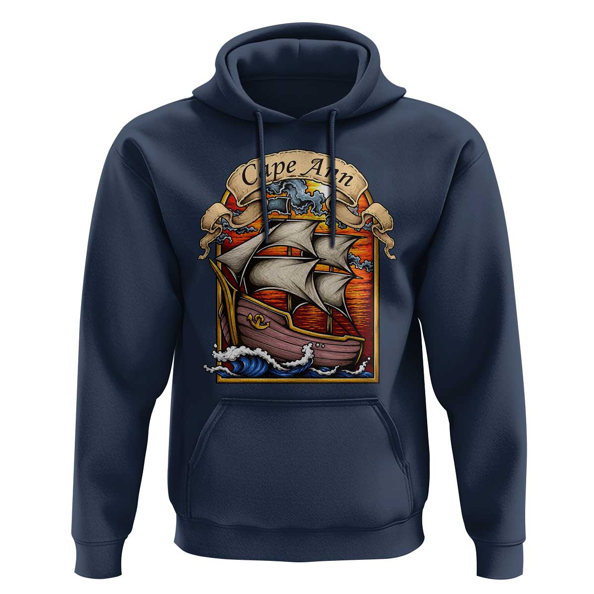 Cape Ann Vintage Nautical Sailing Ship Graphic Hoodie Retro Stained Glass Window Style Ocean Sunset Tall Ship