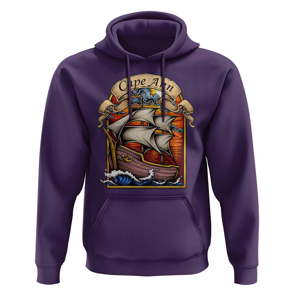 Cape Ann Vintage Nautical Sailing Ship Graphic Hoodie Retro Stained Glass Window Style Ocean Sunset Tall Ship