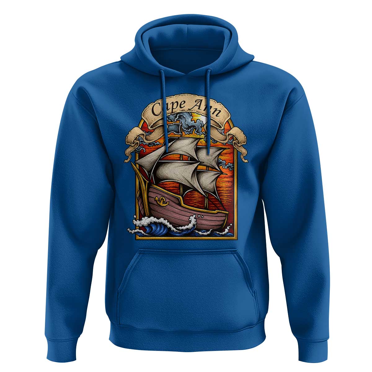 Cape Ann Vintage Nautical Sailing Ship Graphic Hoodie Retro Stained Glass Window Style Ocean Sunset Tall Ship