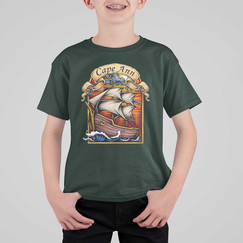 Cape Ann Vintage Nautical Sailing Ship Graphic T Shirt For Kid Retro Stained Glass Window Style Ocean Sunset Tall Ship