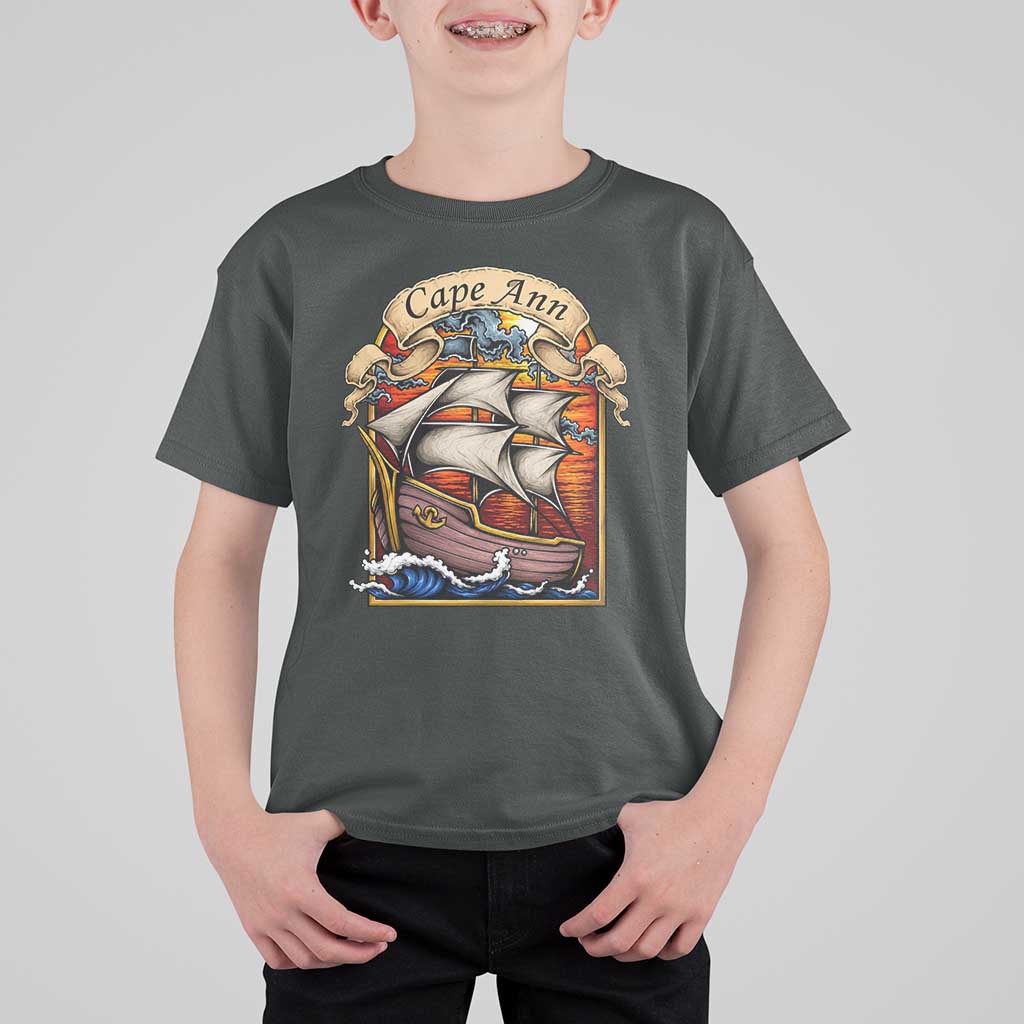 Cape Ann Vintage Nautical Sailing Ship Graphic T Shirt For Kid Retro Stained Glass Window Style Ocean Sunset Tall Ship
