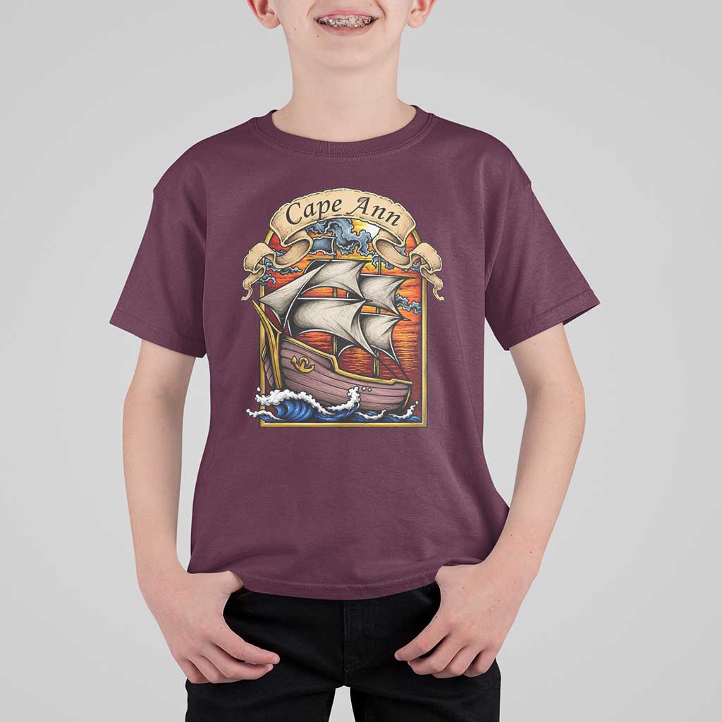 Cape Ann Vintage Nautical Sailing Ship Graphic T Shirt For Kid Retro Stained Glass Window Style Ocean Sunset Tall Ship