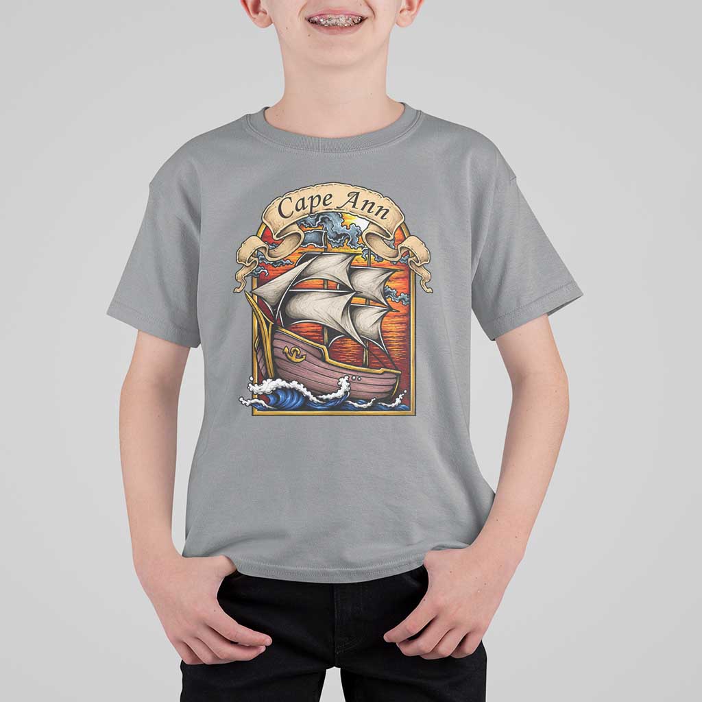 Cape Ann Vintage Nautical Sailing Ship Graphic T Shirt For Kid Retro Stained Glass Window Style Ocean Sunset Tall Ship