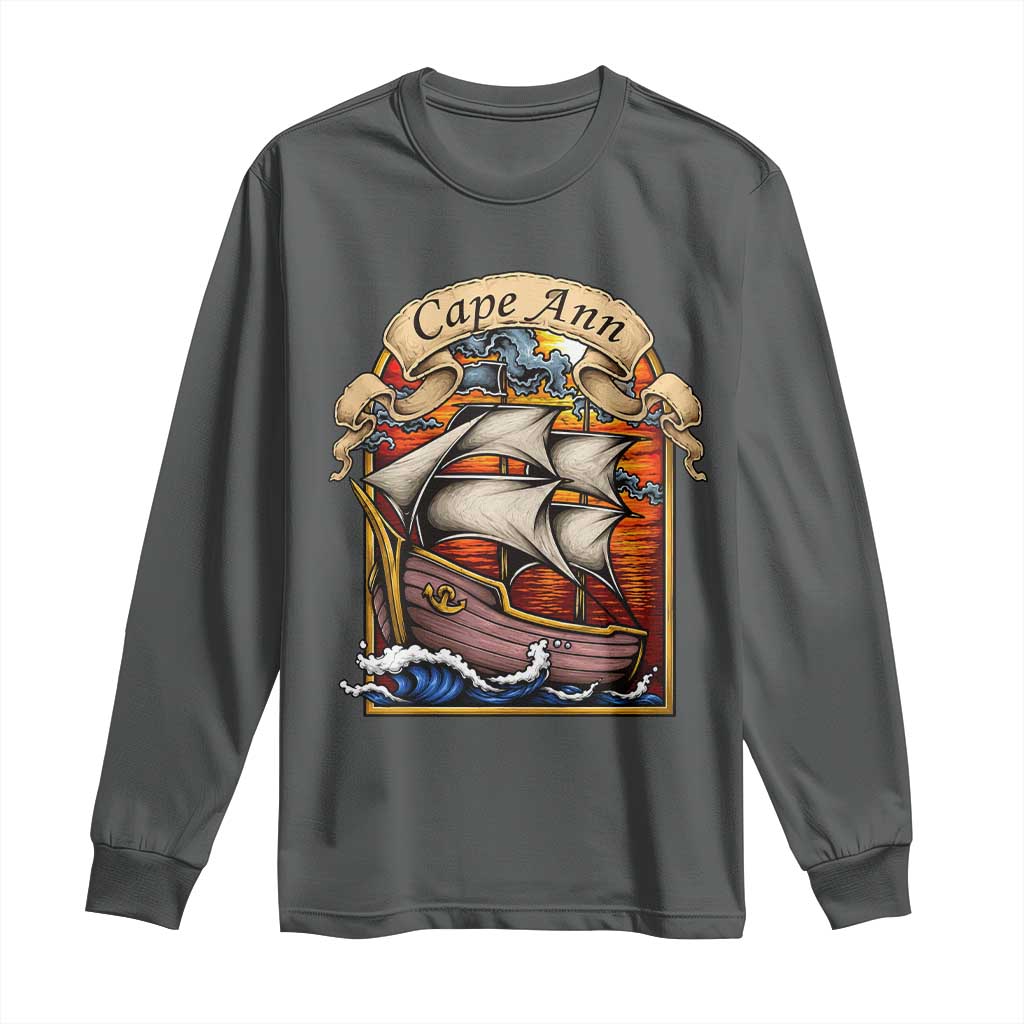 Cape Ann Vintage Nautical Sailing Ship Graphic Long Sleeve Shirt Retro Stained Glass Window Style Ocean Sunset Tall Ship