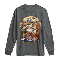 Cape Ann Vintage Nautical Sailing Ship Graphic Long Sleeve Shirt Retro Stained Glass Window Style Ocean Sunset Tall Ship