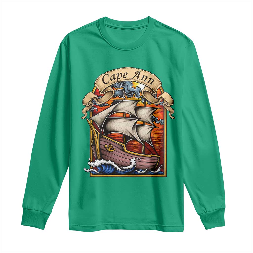 Cape Ann Vintage Nautical Sailing Ship Graphic Long Sleeve Shirt Retro Stained Glass Window Style Ocean Sunset Tall Ship