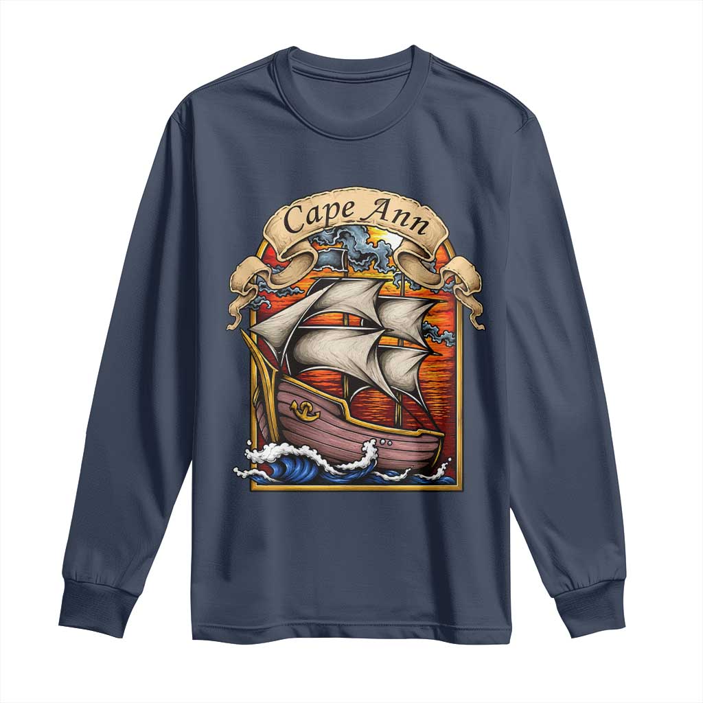 Cape Ann Vintage Nautical Sailing Ship Graphic Long Sleeve Shirt Retro Stained Glass Window Style Ocean Sunset Tall Ship