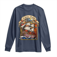 Cape Ann Vintage Nautical Sailing Ship Graphic Long Sleeve Shirt Retro Stained Glass Window Style Ocean Sunset Tall Ship