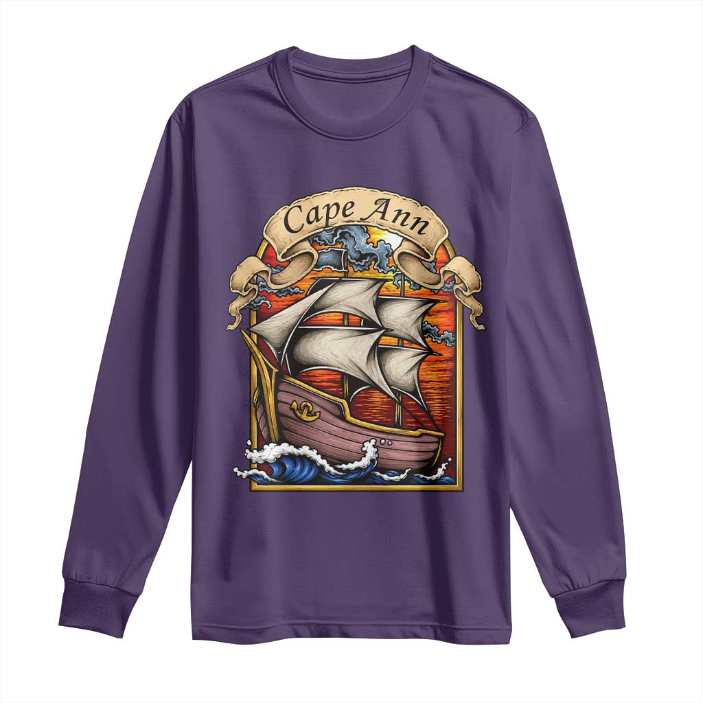 Cape Ann Vintage Nautical Sailing Ship Graphic Long Sleeve Shirt Retro Stained Glass Window Style Ocean Sunset Tall Ship