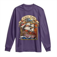 Cape Ann Vintage Nautical Sailing Ship Graphic Long Sleeve Shirt Retro Stained Glass Window Style Ocean Sunset Tall Ship
