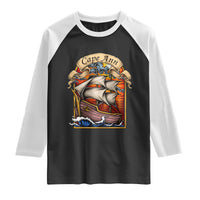 Cape Ann Vintage Nautical Sailing Ship Graphic Raglan Shirt Retro Stained Glass Window Style Ocean Sunset Tall Ship