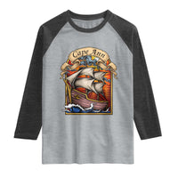 Cape Ann Vintage Nautical Sailing Ship Graphic Raglan Shirt Retro Stained Glass Window Style Ocean Sunset Tall Ship