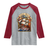 Cape Ann Vintage Nautical Sailing Ship Graphic Raglan Shirt Retro Stained Glass Window Style Ocean Sunset Tall Ship