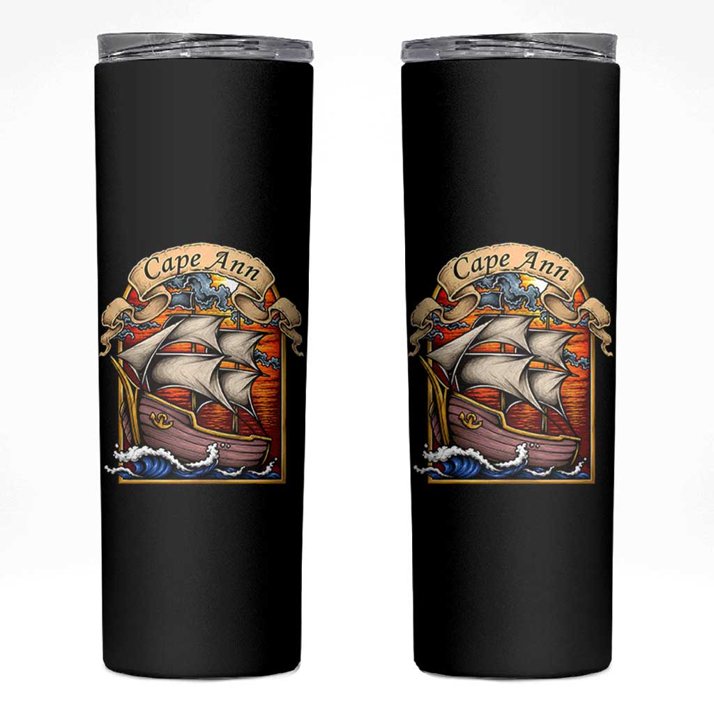 Cape Ann Vintage Nautical Sailing Ship Graphic Skinny Tumbler Retro Stained Glass Window Style Ocean Sunset Tall Ship