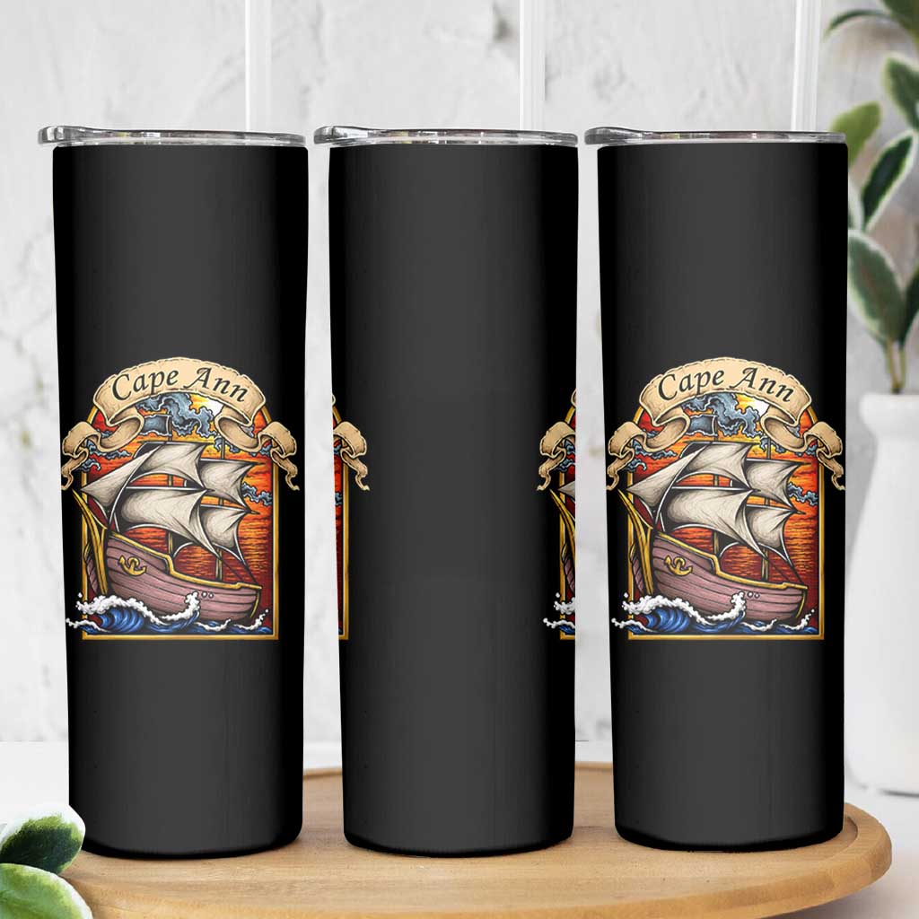 Cape Ann Vintage Nautical Sailing Ship Graphic Skinny Tumbler Retro Stained Glass Window Style Ocean Sunset Tall Ship