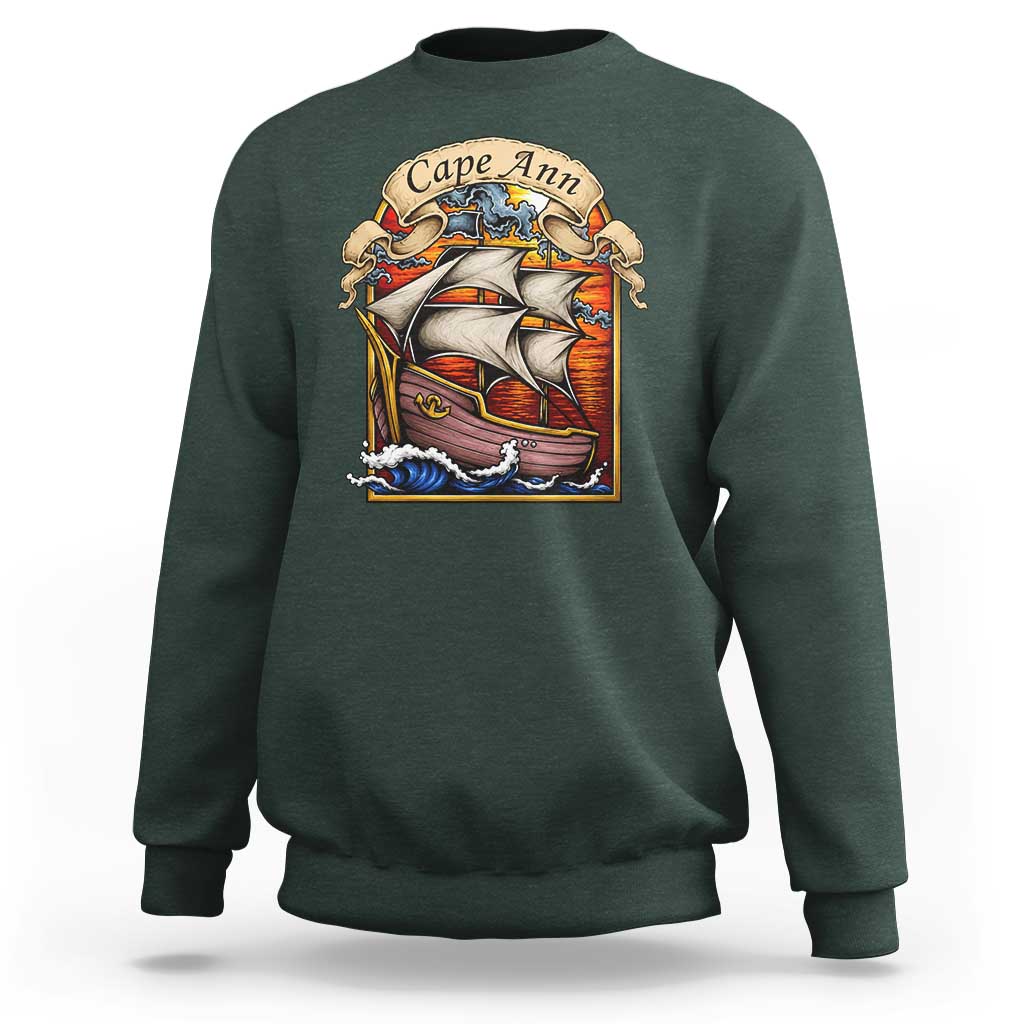 Cape Ann Vintage Nautical Sailing Ship Graphic Sweatshirt Retro Stained Glass Window Style Ocean Sunset Tall Ship