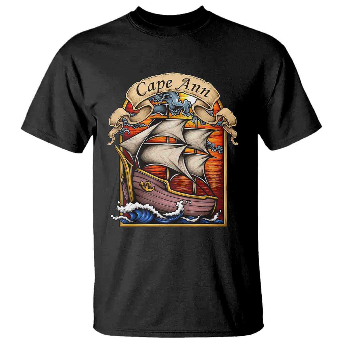 Cape Ann Vintage Nautical Sailing Ship Graphic T Shirt Retro Stained Glass Window Style Ocean Sunset Tall Ship