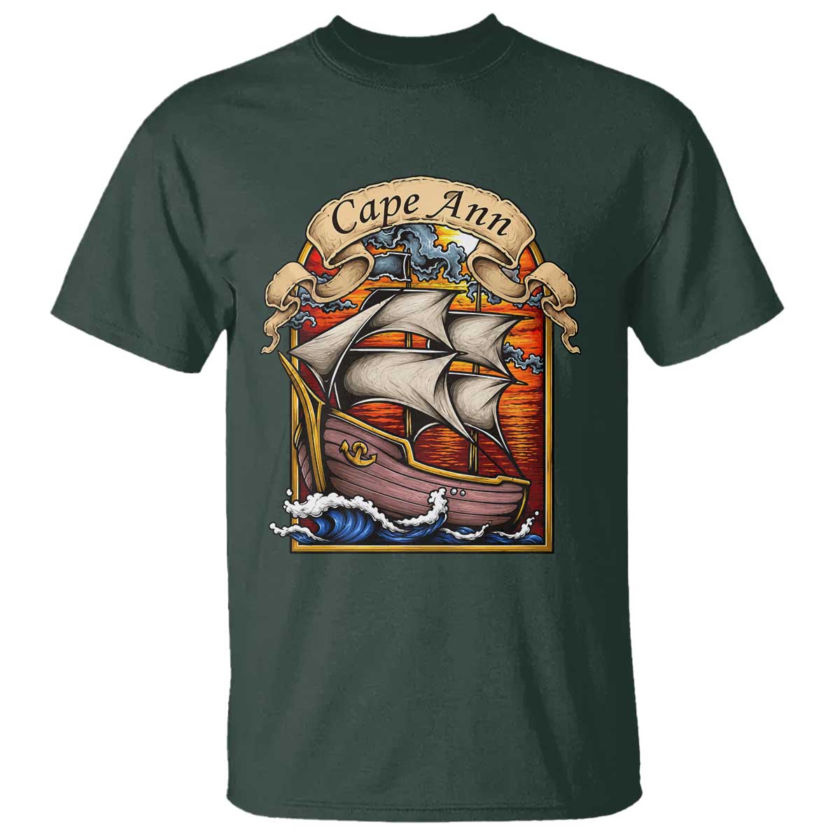 Cape Ann Vintage Nautical Sailing Ship Graphic T Shirt Retro Stained Glass Window Style Ocean Sunset Tall Ship