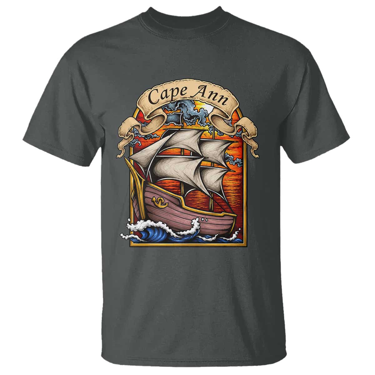 Cape Ann Vintage Nautical Sailing Ship Graphic T Shirt Retro Stained Glass Window Style Ocean Sunset Tall Ship