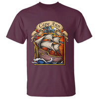Cape Ann Vintage Nautical Sailing Ship Graphic T Shirt Retro Stained Glass Window Style Ocean Sunset Tall Ship
