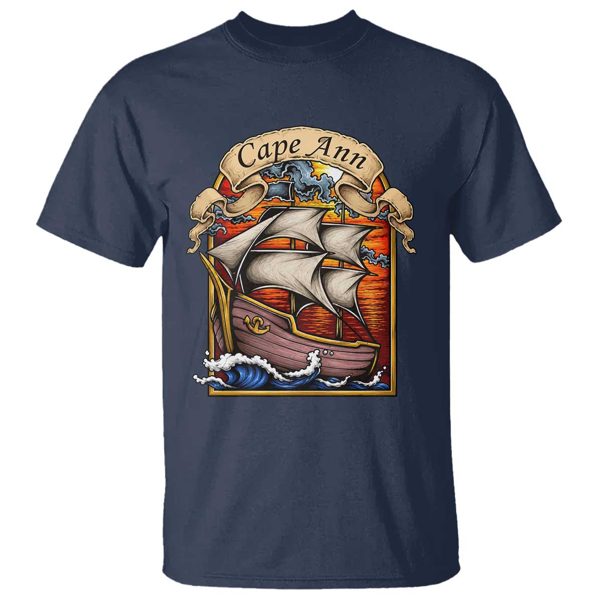 Cape Ann Vintage Nautical Sailing Ship Graphic T Shirt Retro Stained Glass Window Style Ocean Sunset Tall Ship