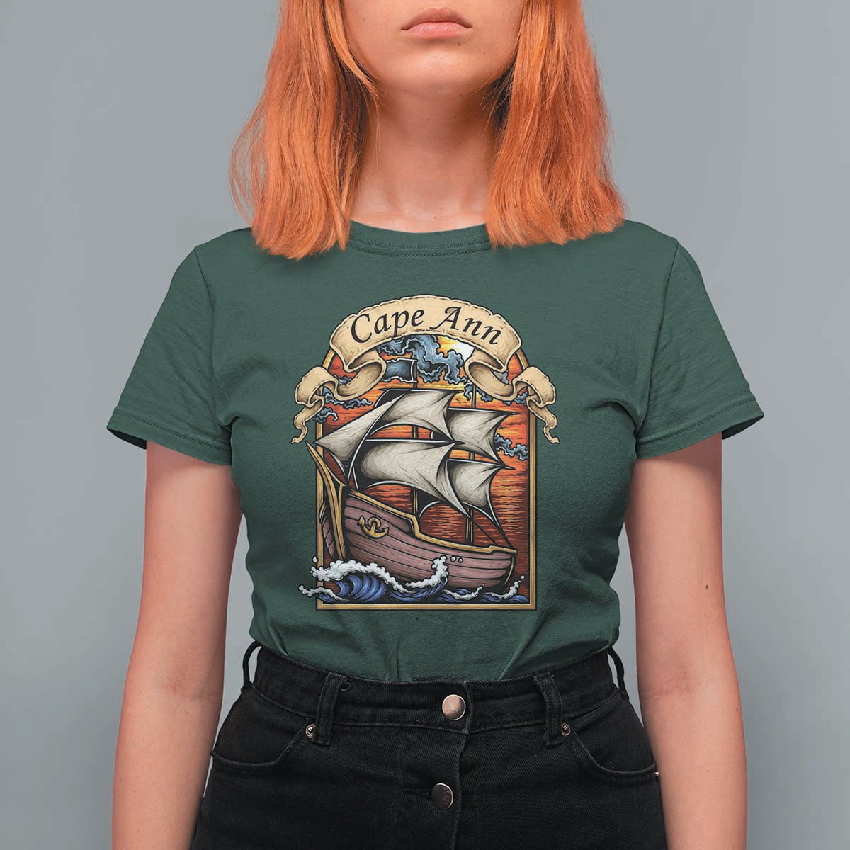 Cape Ann Vintage Nautical Sailing Ship Graphic T Shirt For Women Retro Stained Glass Window Style Ocean Sunset Tall Ship