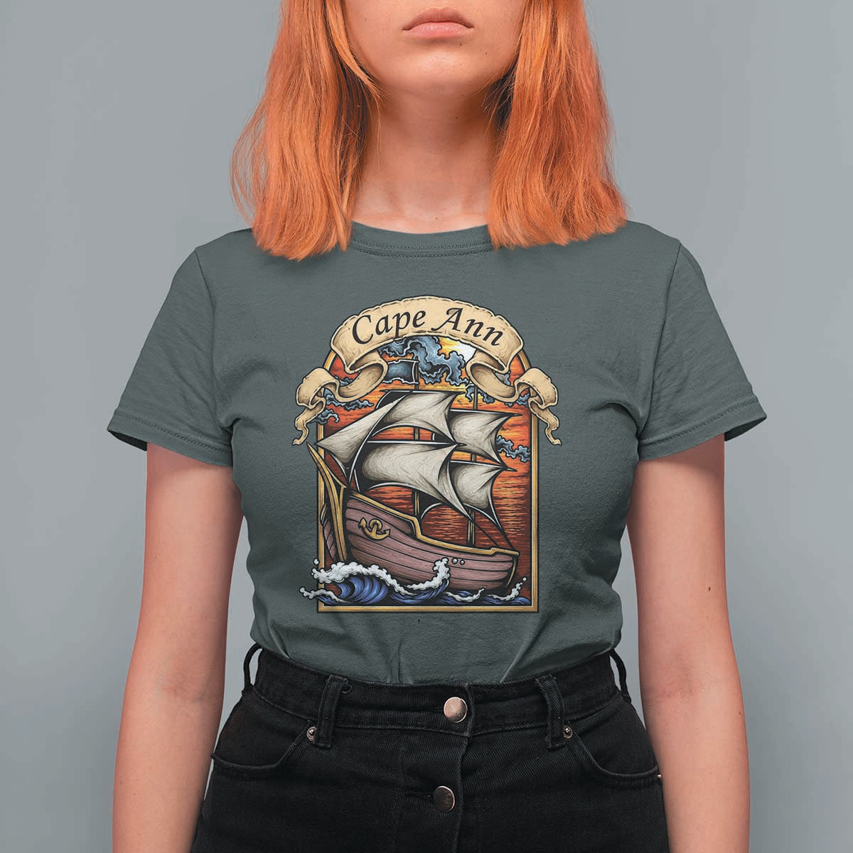 Cape Ann Vintage Nautical Sailing Ship Graphic T Shirt For Women Retro Stained Glass Window Style Ocean Sunset Tall Ship