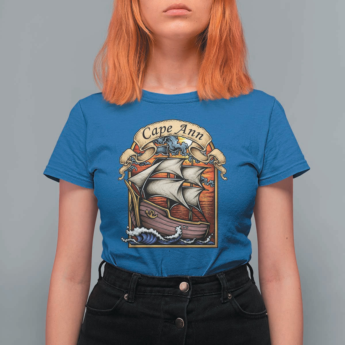 Cape Ann Vintage Nautical Sailing Ship Graphic T Shirt For Women Retro Stained Glass Window Style Ocean Sunset Tall Ship