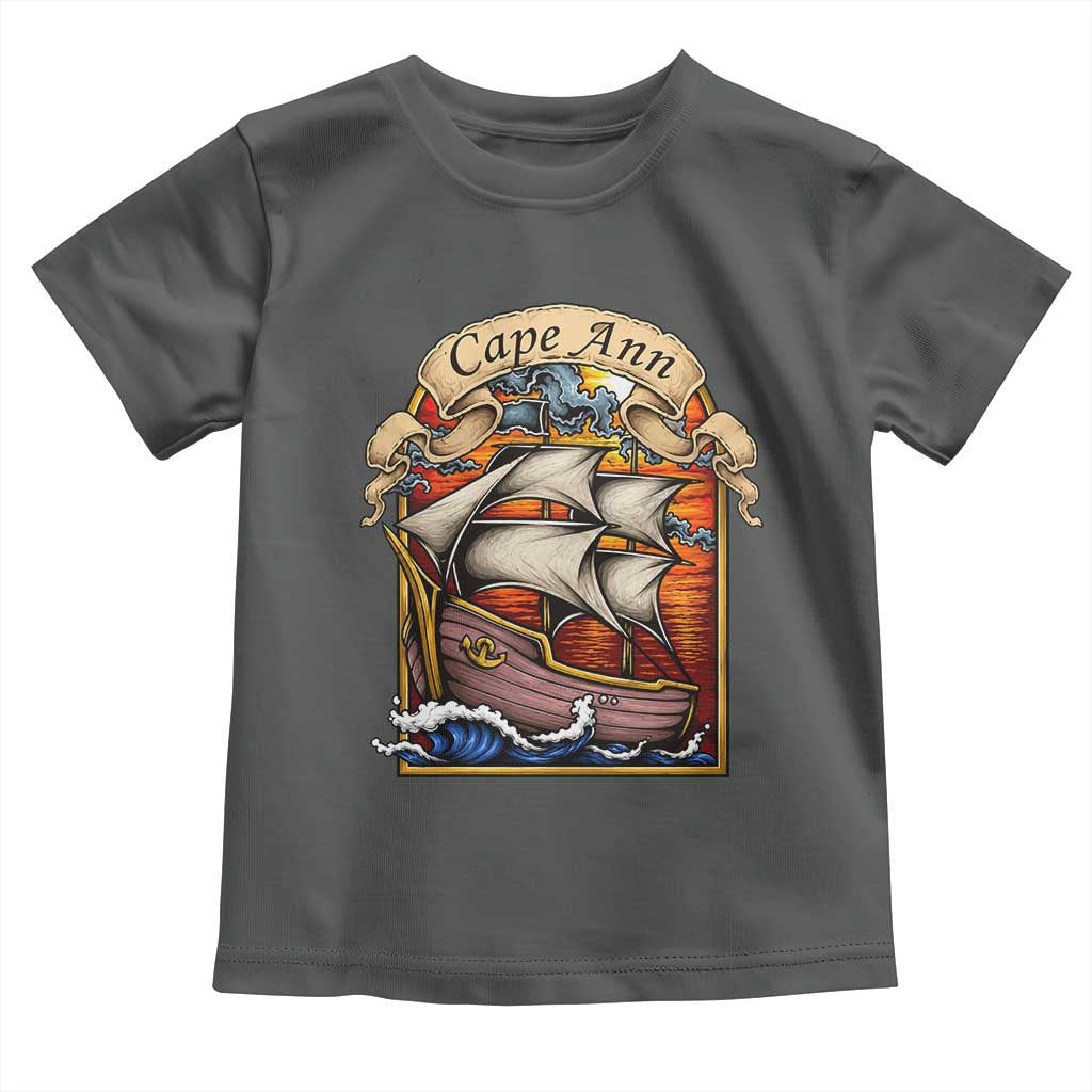 Cape Ann Vintage Nautical Sailing Ship Graphic Toddler T Shirt Retro Stained Glass Window Style Ocean Sunset Tall Ship