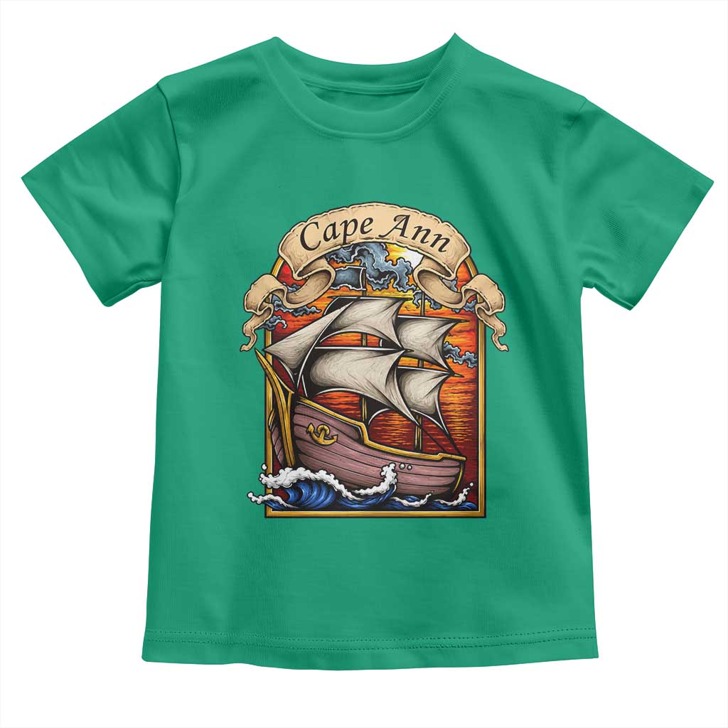 Cape Ann Vintage Nautical Sailing Ship Graphic Toddler T Shirt Retro Stained Glass Window Style Ocean Sunset Tall Ship