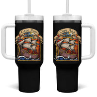 Cape Ann Vintage Nautical Sailing Ship Graphic Tumbler With Handle Retro Stained Glass Window Style Ocean Sunset Tall Ship